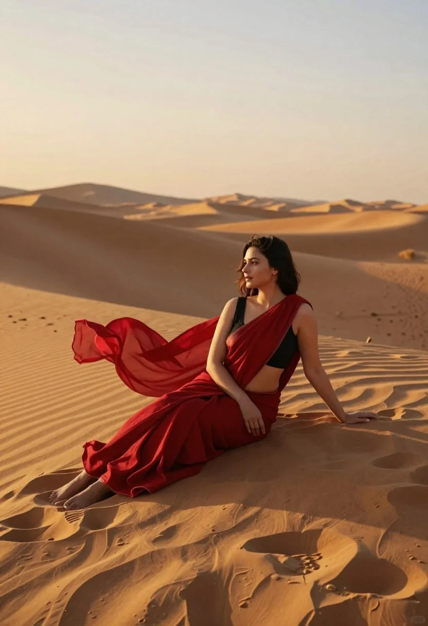 Woman Sits Gracefully Vast Desert Landscape During Golden Hour Subject