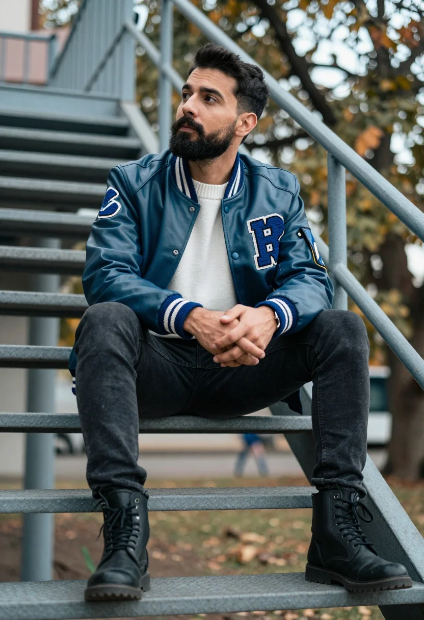 Man Sits With His Legs Dangling Metal Staircase Outdoors Subject