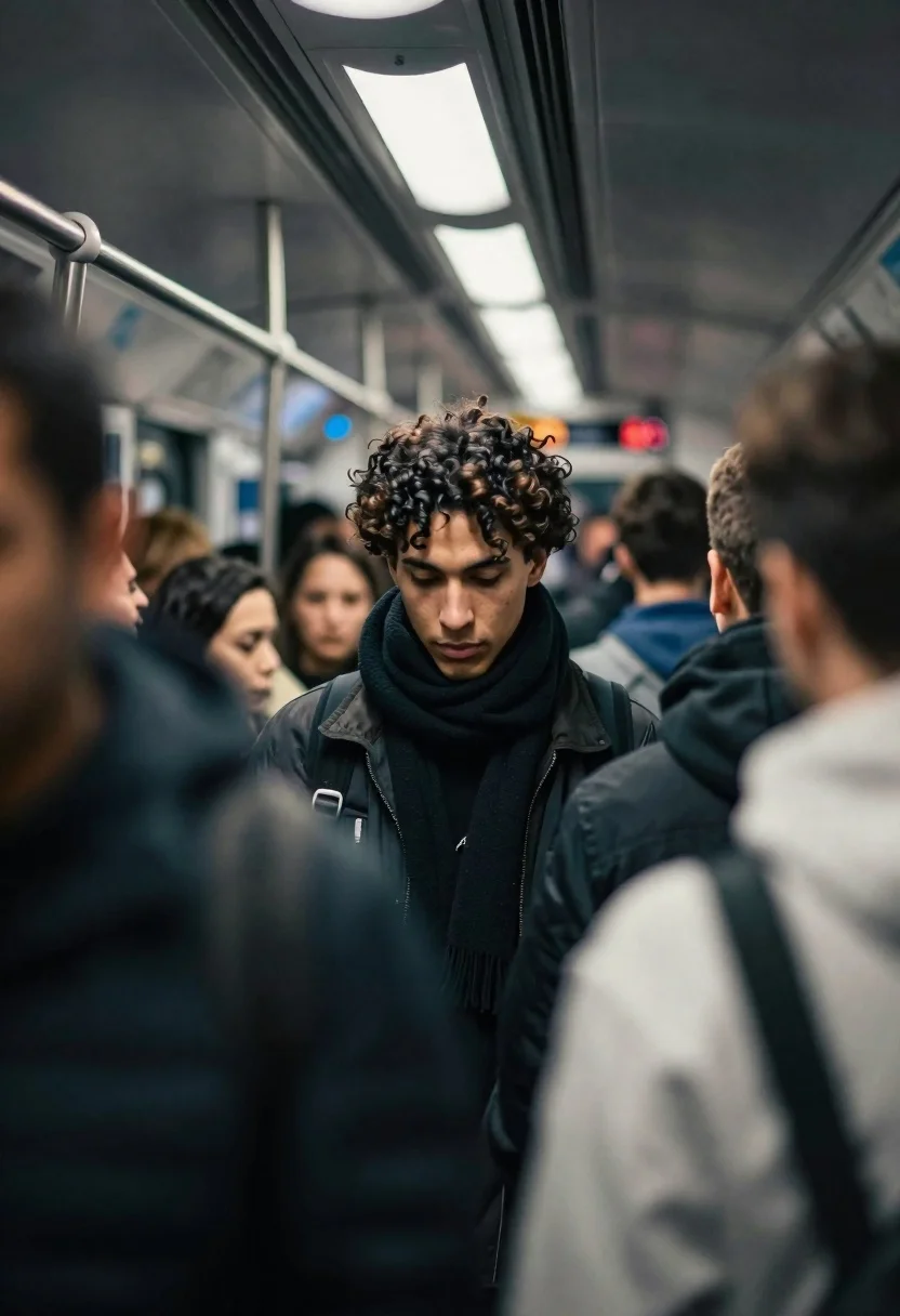 Photograph Young Man With Curly Hair Standing The Middle Ground reference photo