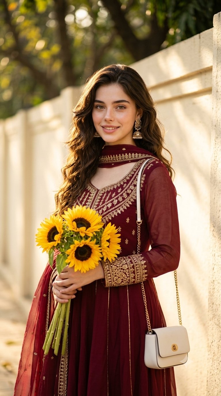 Deep Maroon Anarkali Suit Intricate Gold Embroidery In Both Hands