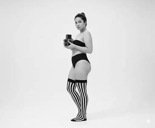Woman in a thoughtful pose, barefoot, wearing striped thigh-high socks, holding a vintage box camera.