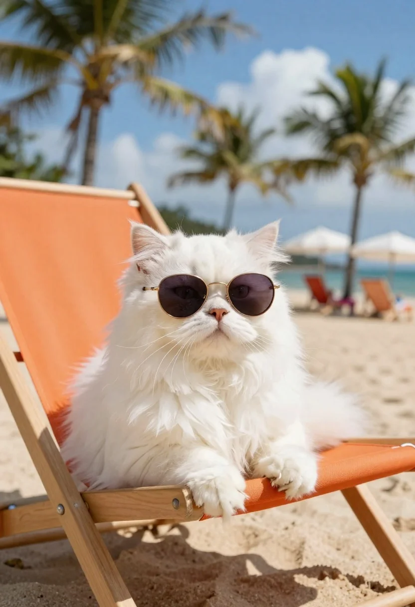 Digital Photo Fluffy White Cat Lounging Orange Beach Chair Under reference photo
