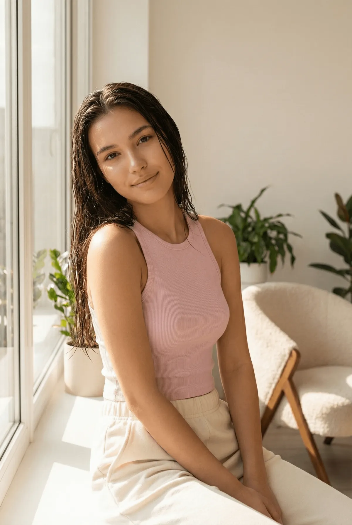Soft Light Pink Tank Cream Sweatpants Armchair Plants