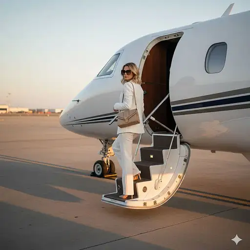 Ultra-realistic Photo Elegant Woman Boarding Private Jet Luxury Travel Outfit
