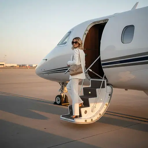 Ultra-realistic image of an elegant woman in a white pantsuit boarding a private jet, sunglasses on, early morning light reflecting.