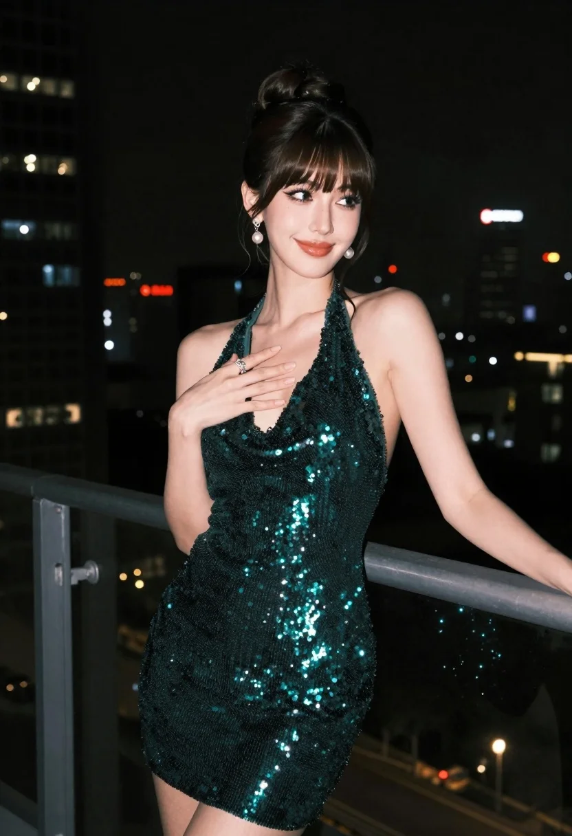 Glamorous Woman Stands Balcony Night Wearing Dark Green Sequined Halter