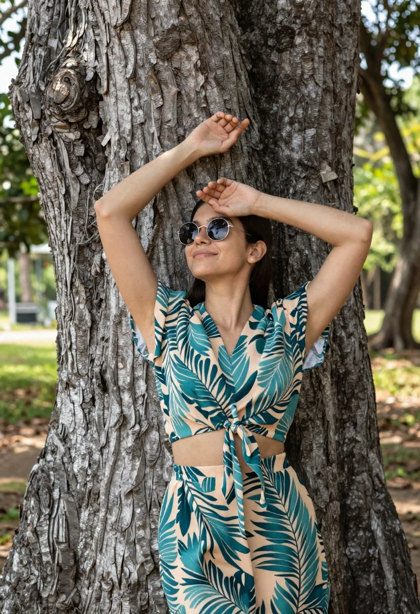 Woman Leans Back Against Massive Textured Tree Trunk With Her reference photo
