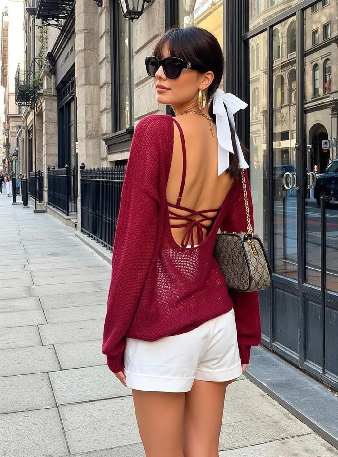 Explore Stands City Sidewalk Her Body Angled