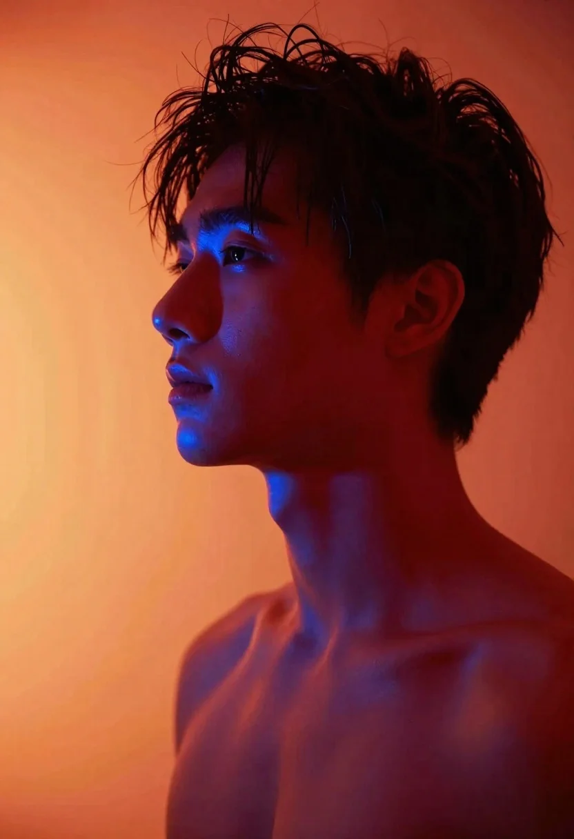 Portrait Young Man Profile With Tousled Dark Hair And Bare reference photo