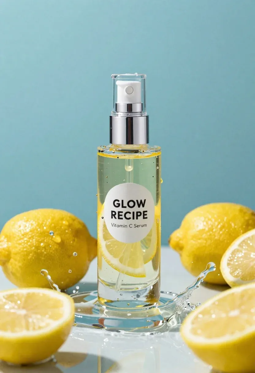 High-end Cosmetic Product Shot Featuring Clear Glass Bottle Serum Surrounded