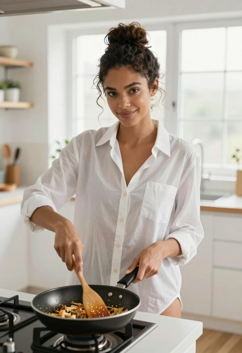 A woman stands in a bright kitchen, cooking on a stove with a soft smile, natural light illuminating her surroundings.
