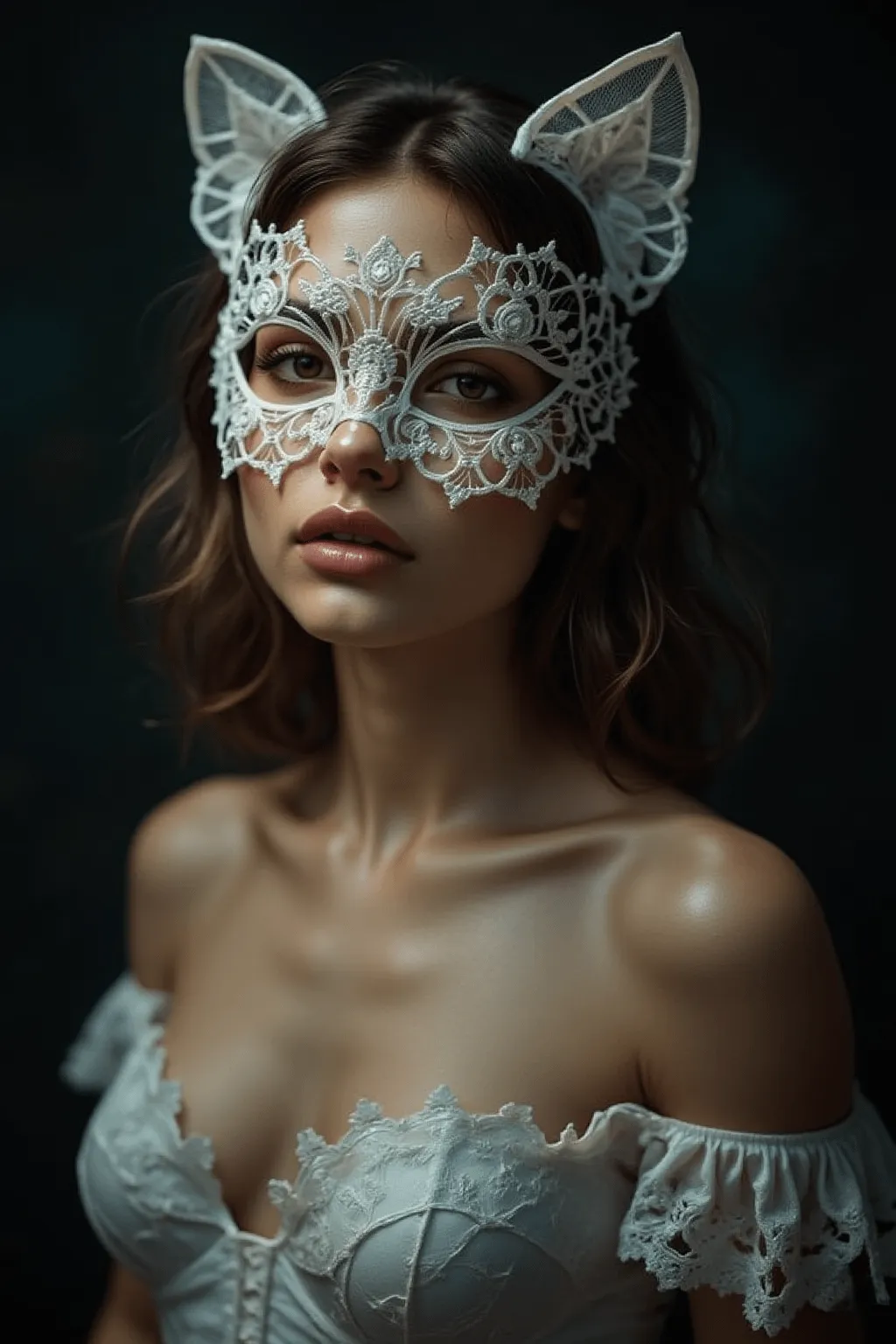 Ornate White Lace Cat Mask Dark Studio Beauty