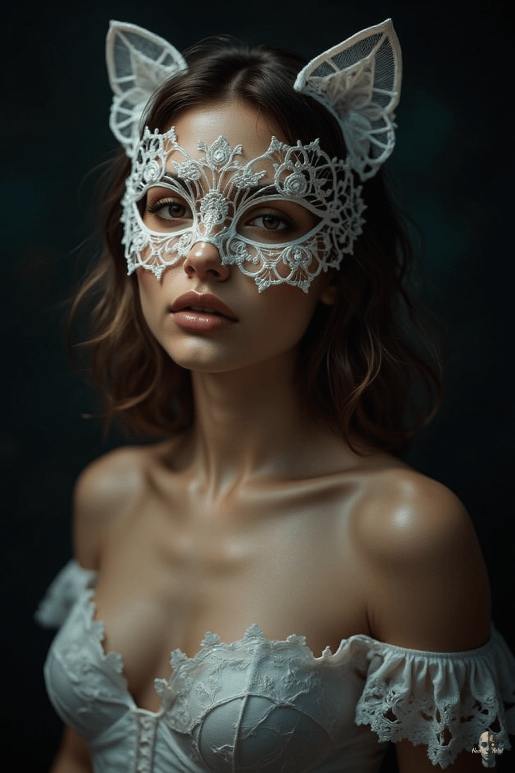 Ornate White Lace Cat Mask Dark Studio Beauty