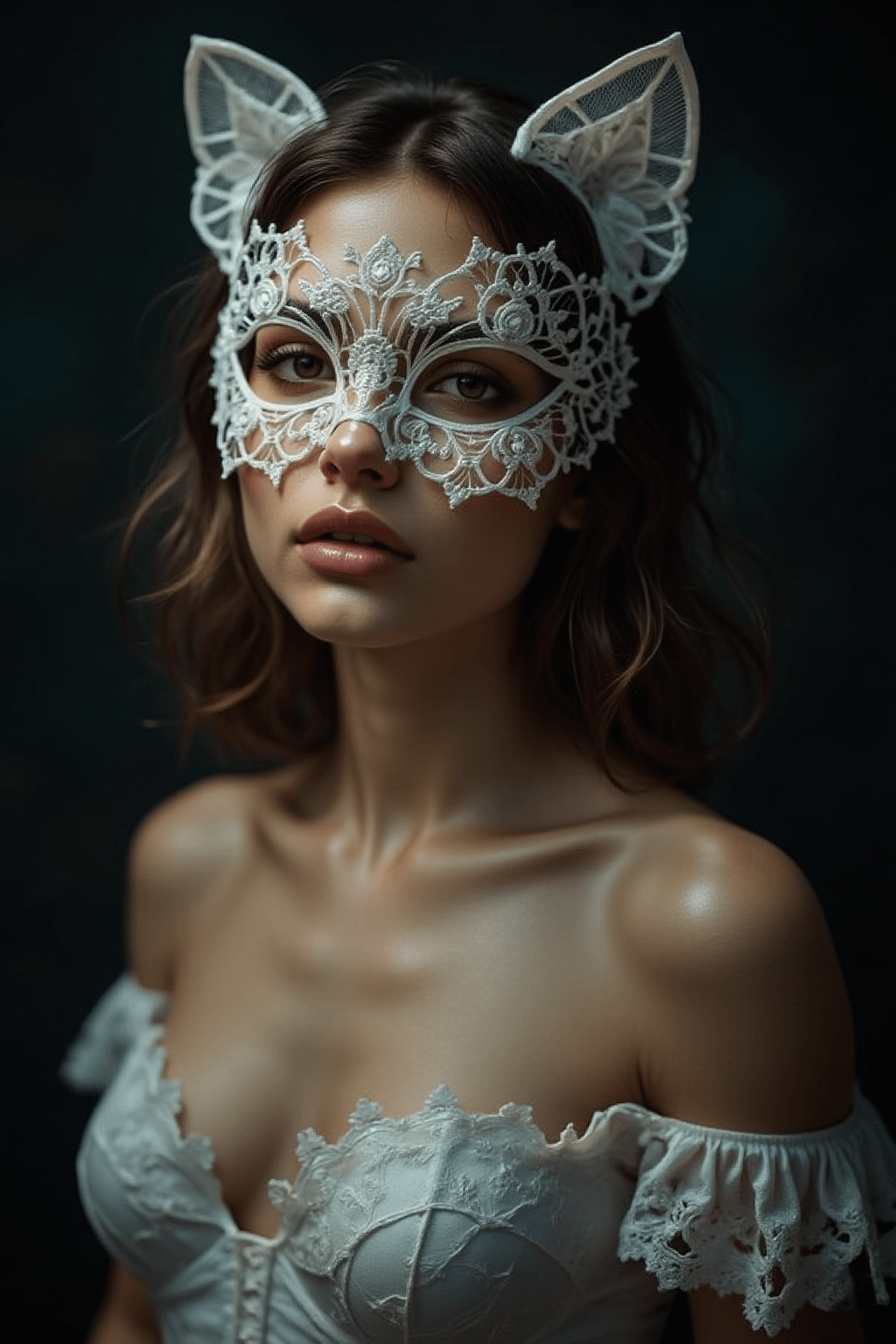 A woman in a delicate white lace cat mask poses in a dark studio setting, showcasing her bare shoulders and off-shoulder garment.