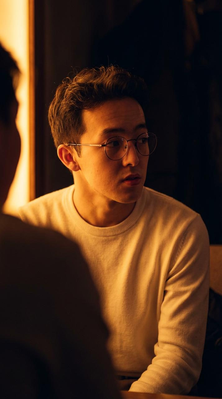 A thoughtful man in round glasses wearing a light gray sweater, illuminated by warm golden light in a lowlight setting.
