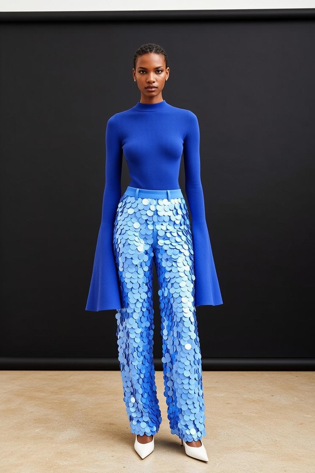 Dark Skin Woman Blue Sequin Outfit Studio