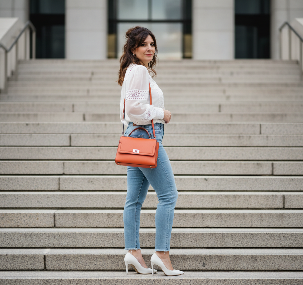 Mulher elegante de pé na escada moderna, usando blusa branca rendada, jeans claros e saltos brancos. Cabelo meio preso, expressão confiante.