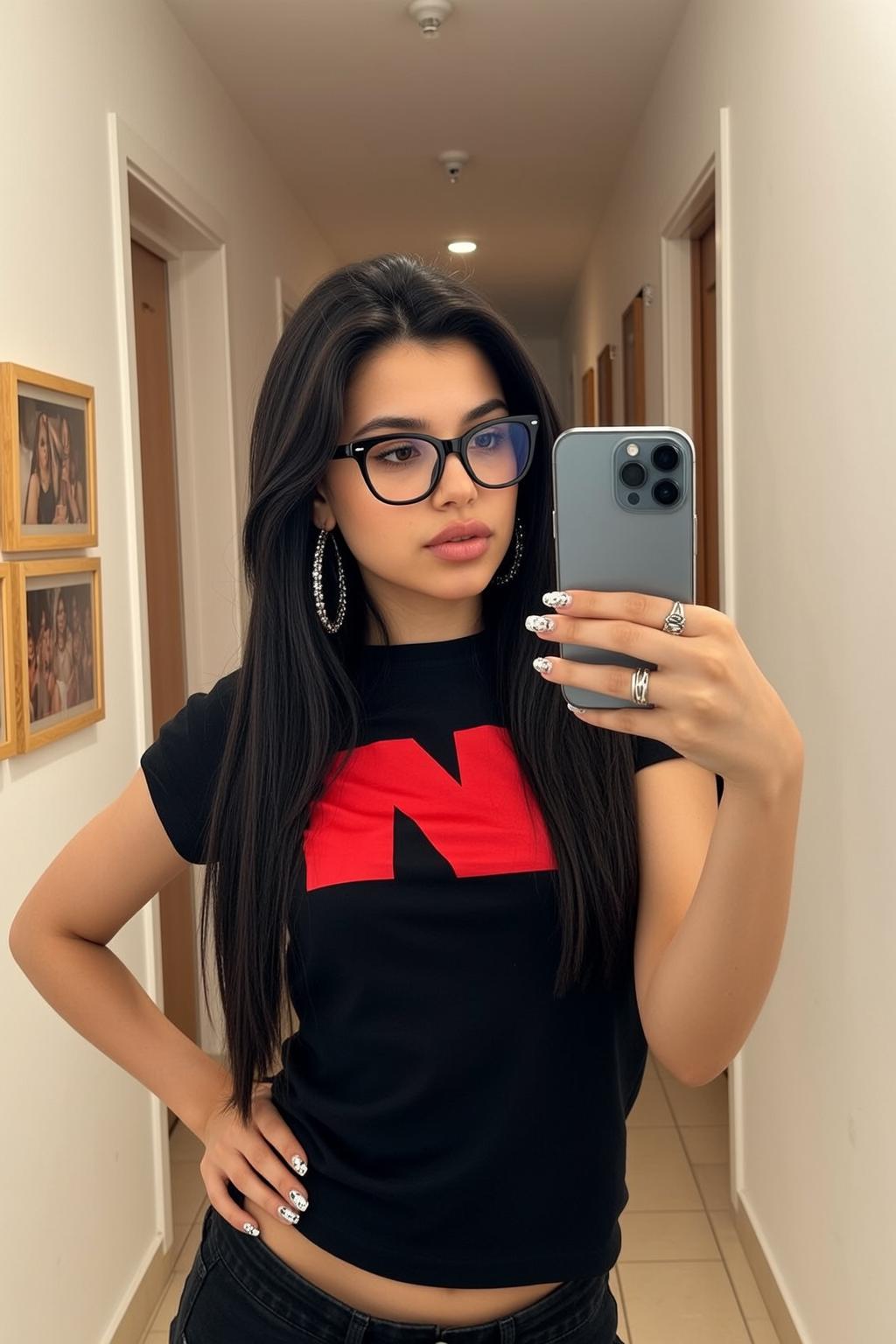 Explore Young Stands Hallway Holding Smartphone Her