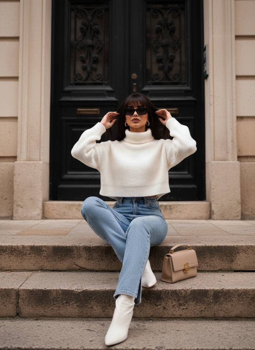 Person seated on stone steps adjusting hair, wearing chunky knit sweater and light blue jeans in soft daylight.