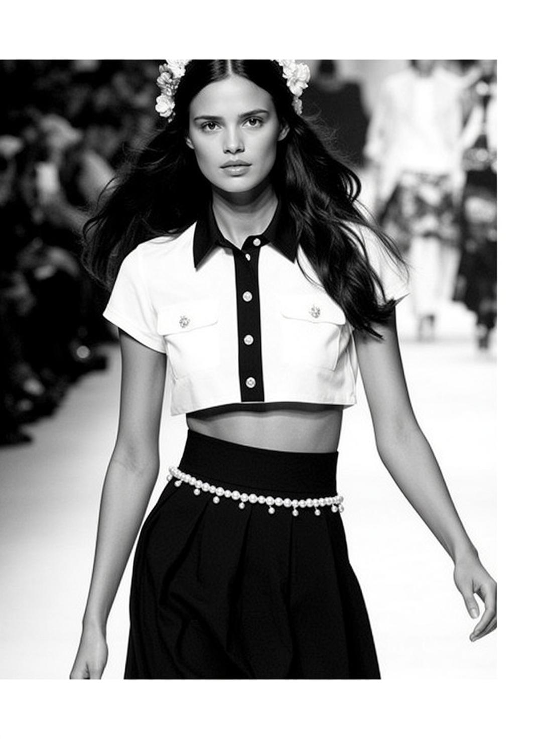 Model Walking Runway White Shirt Black Skirt
