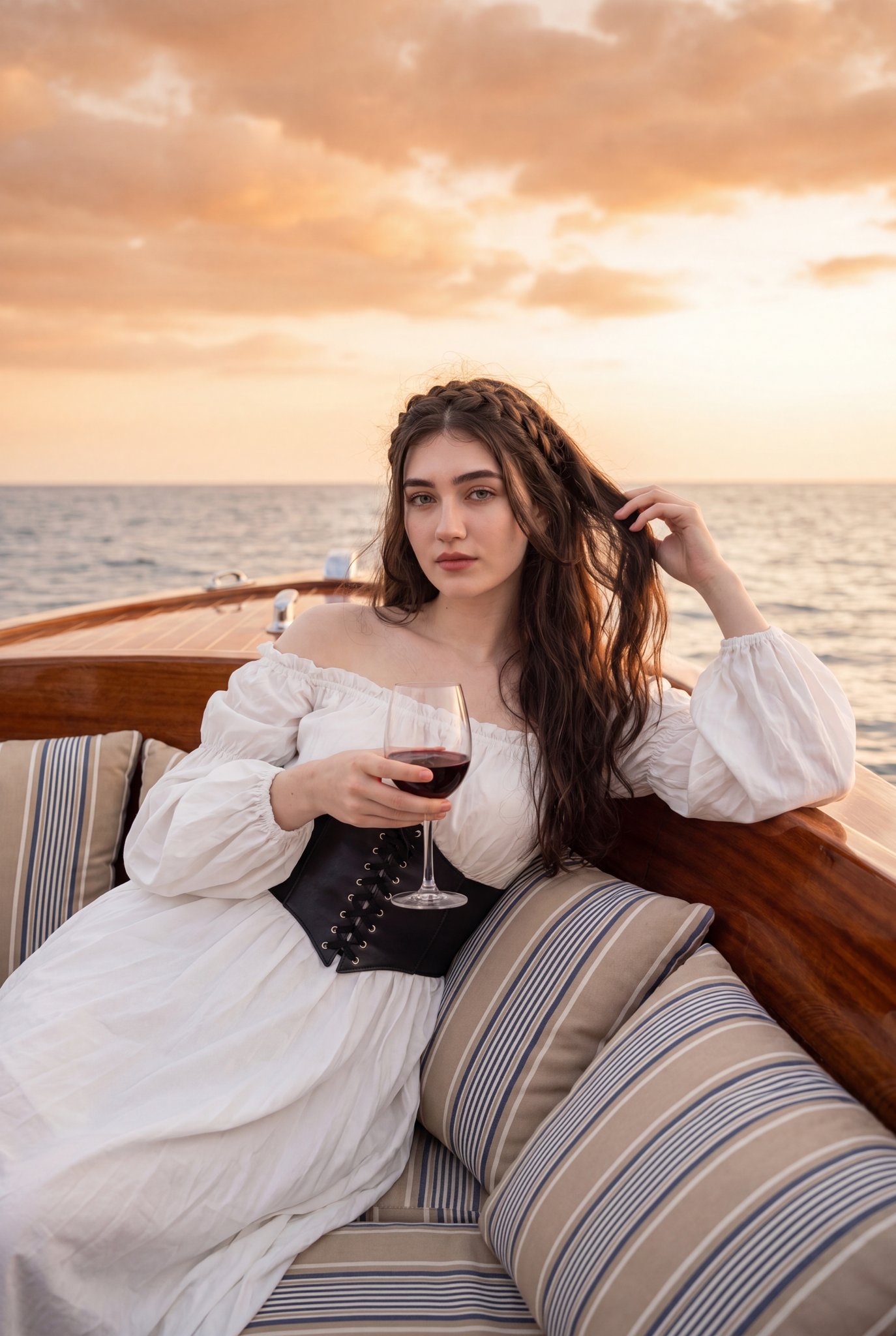 Boat At Sunset Holding Wine