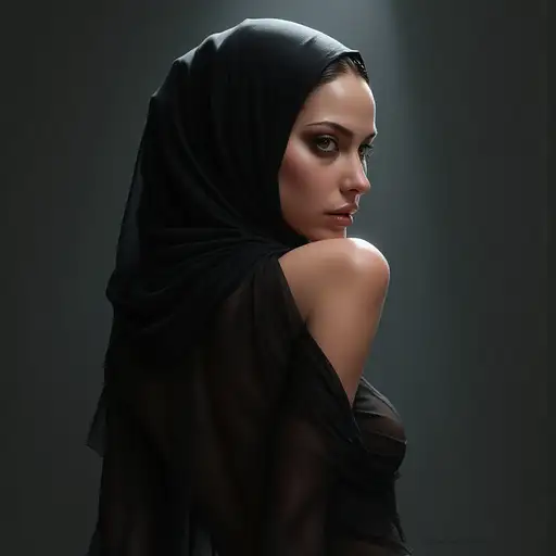 A stunning chiaroscuro portrait of a model in dramatic lighting, showcasing intricate detail and a full-body shot.