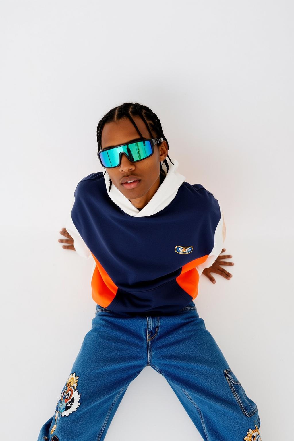 Man In Color Block Hoodie Denim Jeans