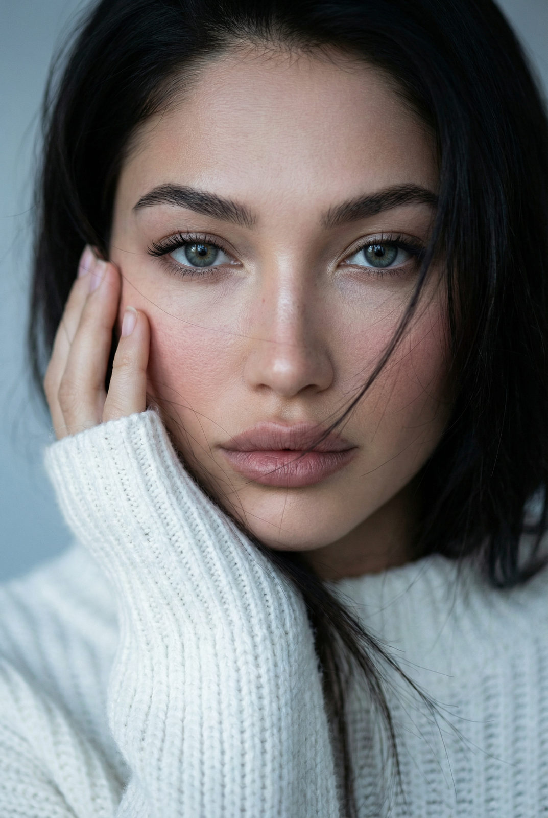Ultra-realistic intimate close-up portrait of a person in soft natural light, wearing a cozy knit sweater, with calm expression and deep expressive eyes.