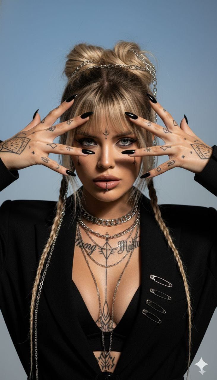 Model in a stylish blazer with a rebellious expression, posing with fingers spread and intricate tattoos visible.