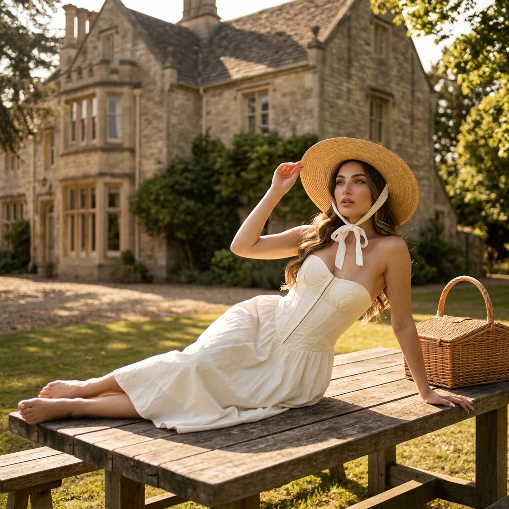 Reclining Sunlit Garden Straw Hat Fashion Editorial