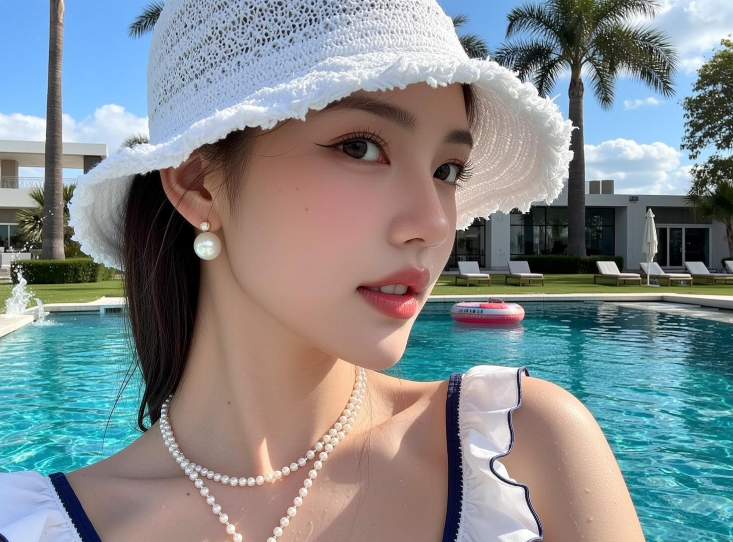 White Sun Hat Pearl Necklaces Profile