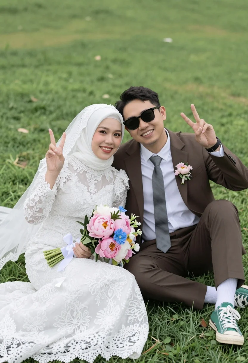 A joyful wedding couple seated on lush green grass, smiling closely together with a bouquet of pink peonies.