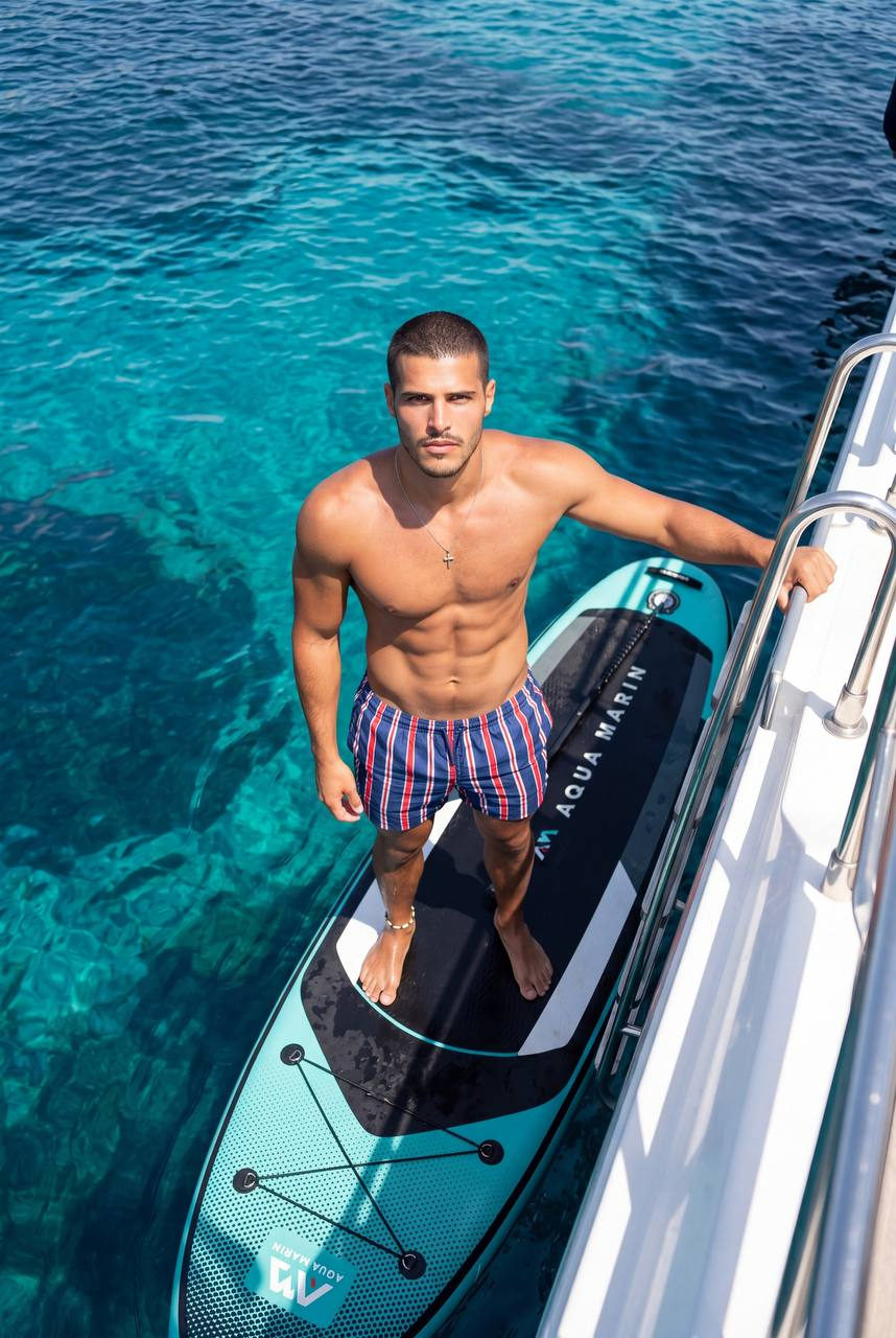Athletic male on a paddle board beside a yacht ladder, viewed from above in bright Mediterranean sunlight.