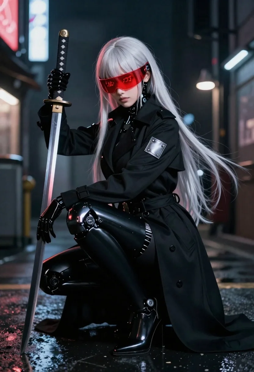 Sleek Digital Render Seated Cybernetic Figure With Pale Blonde Hair reference photo
