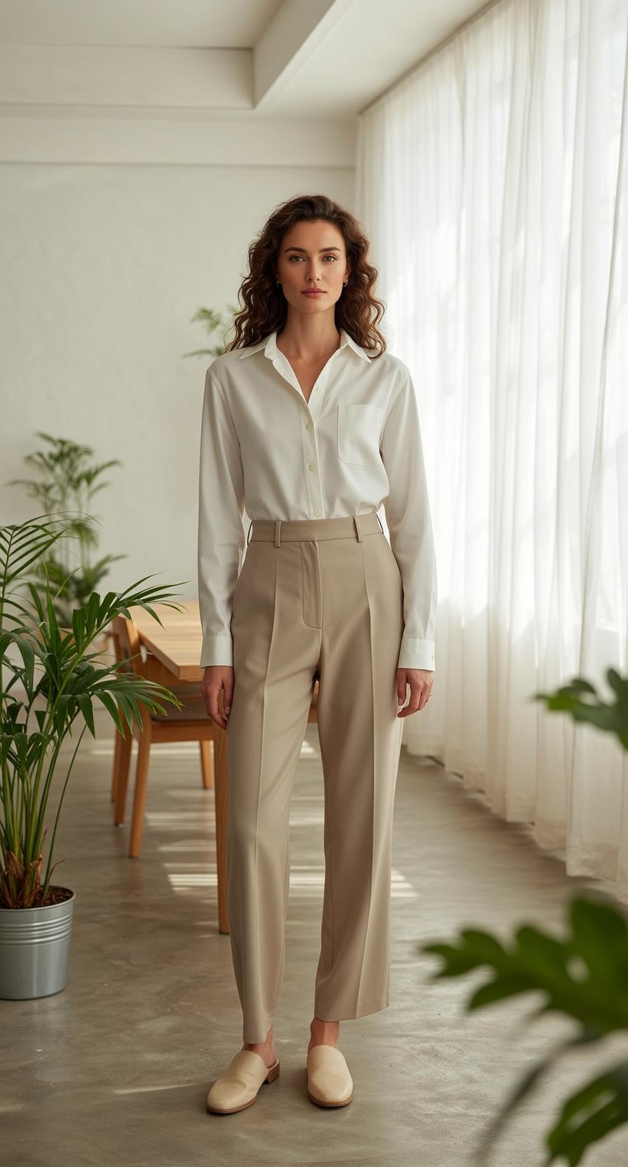 White Shirt Beige Trousers