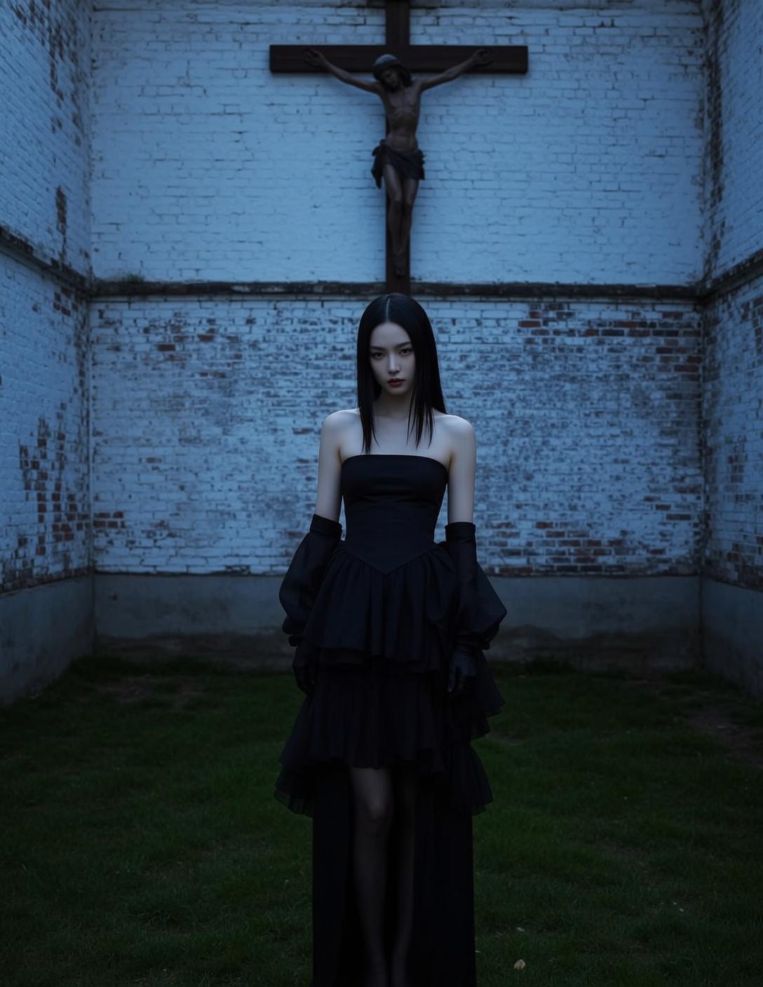 Gothic Courtyard Black Dress With Crucifix