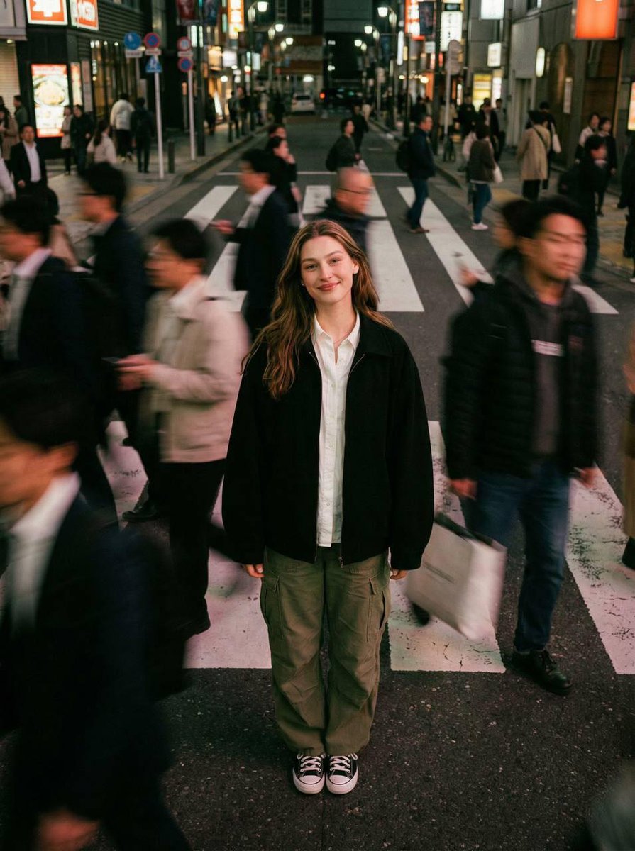 Overhead portrait of a person standing on a crosswalk, dressed in a button-up shirt and oversized jacket, with a motion-blurred crowd rushing by.