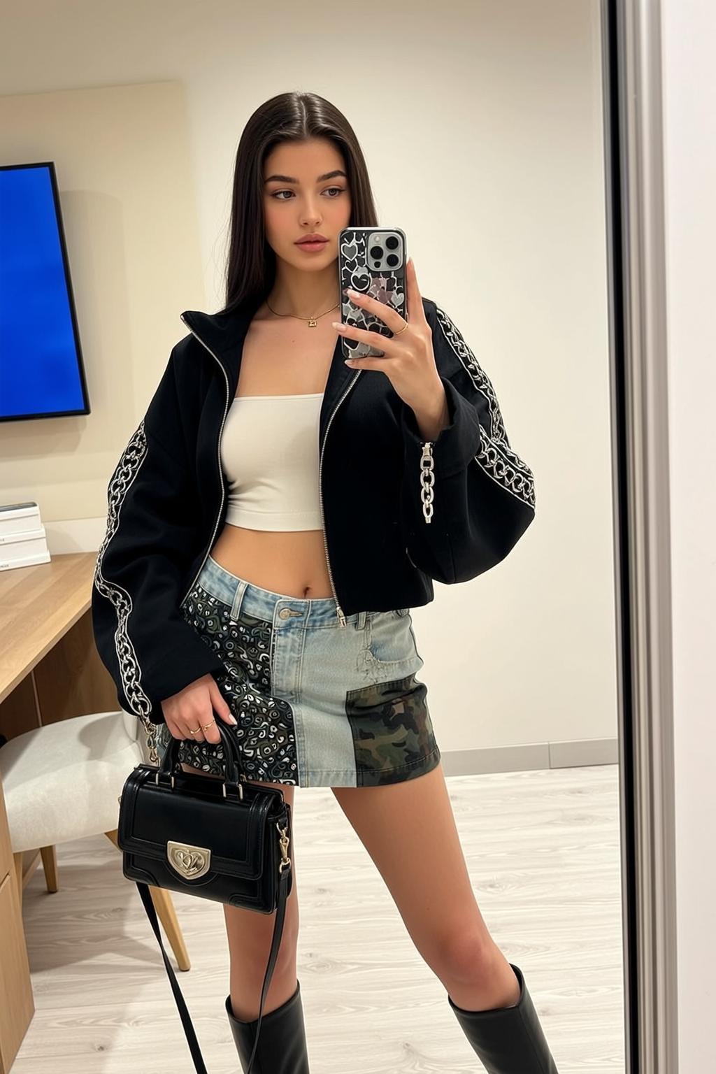 Denim Skirt Black Jacket Mirror