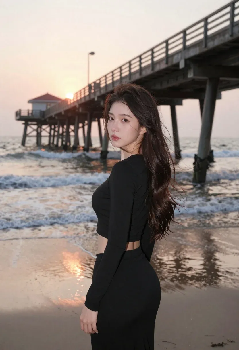 Young Woman With Long Dark Hair Stands Wet Sandy Beach