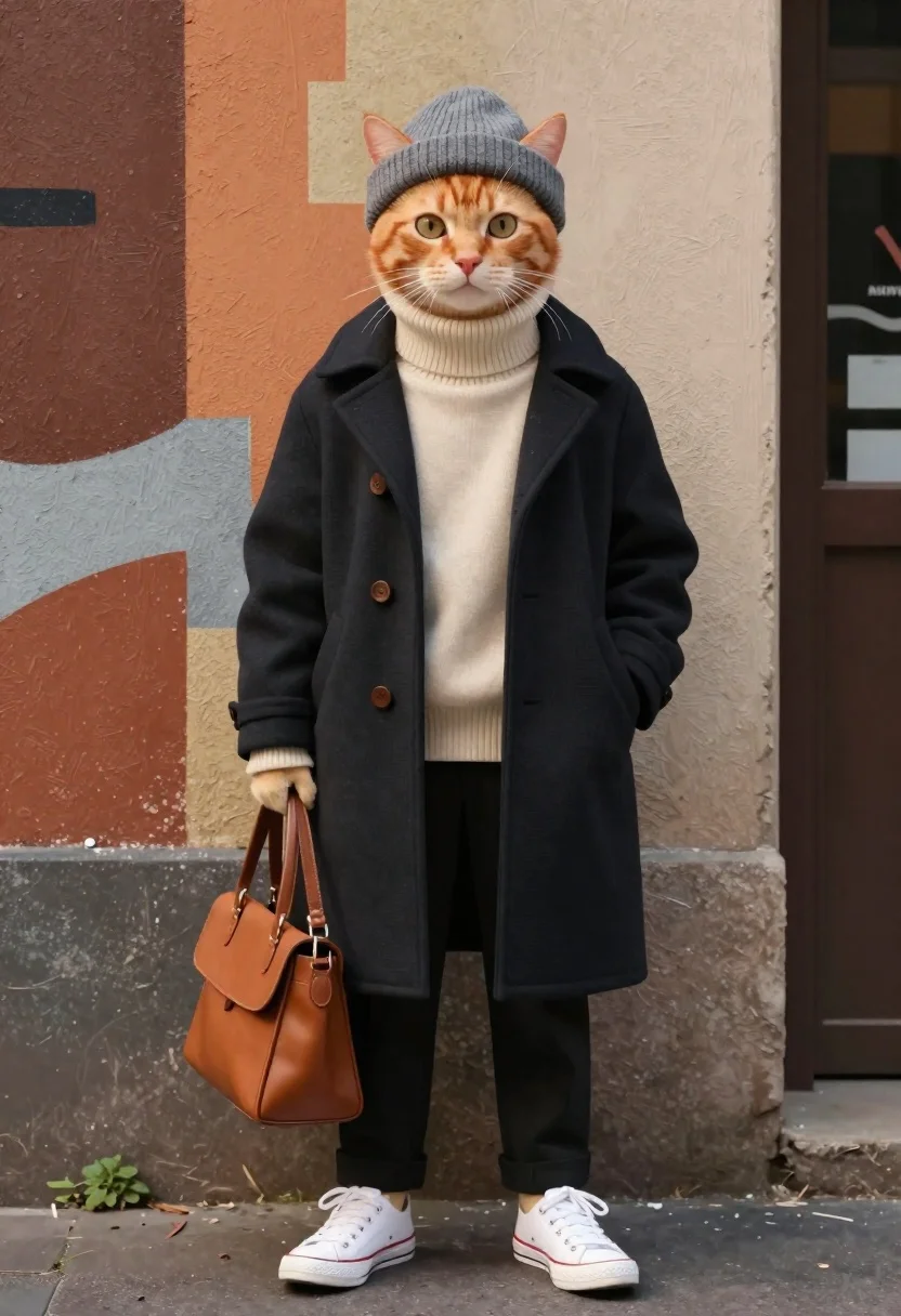 Medium And Scene Full-body Portrait Anthropomorphic Ginger Cat Styled Fashionable reference photo