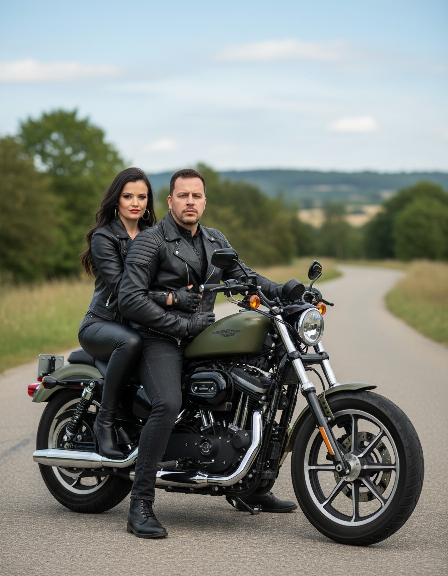 Couple embracing on a Harley-Davidson, dressed in leather, with a rural road and trees in the background under a clear sky.