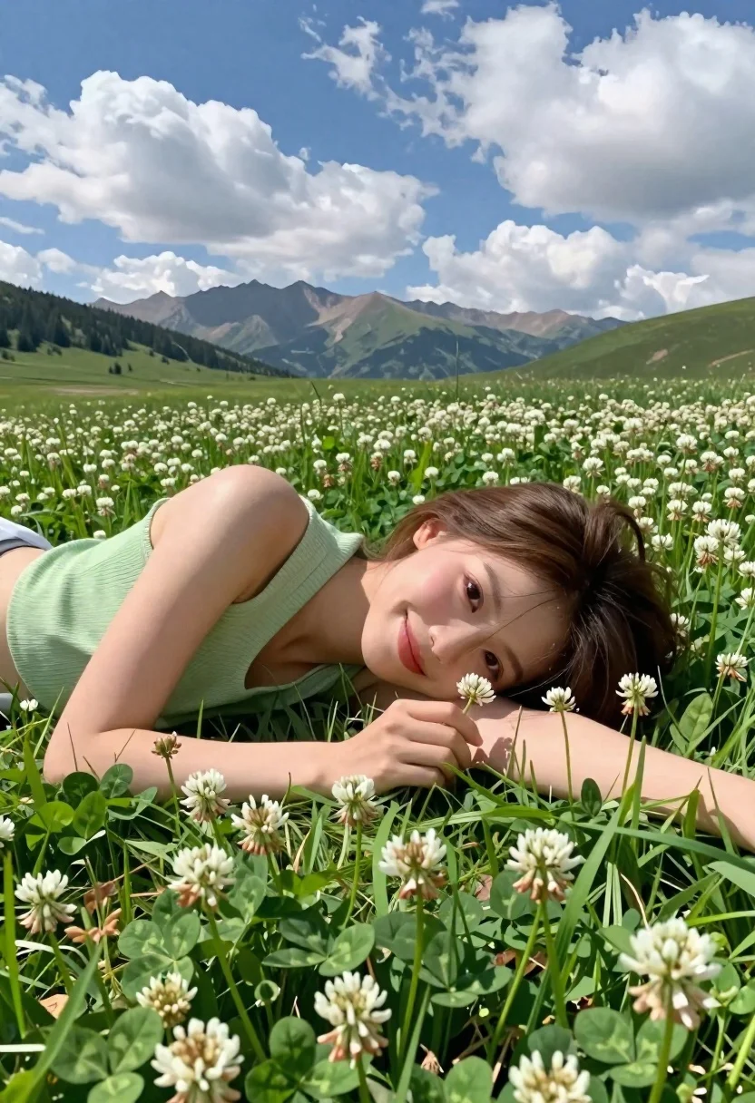 Young Woman Lies Lush Green Meadow Filled With White Clover
