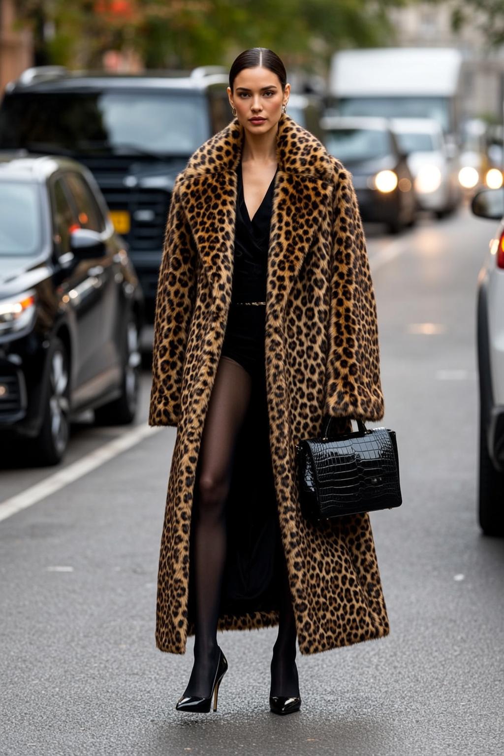 Leopard Coat Woman City Street Handbag