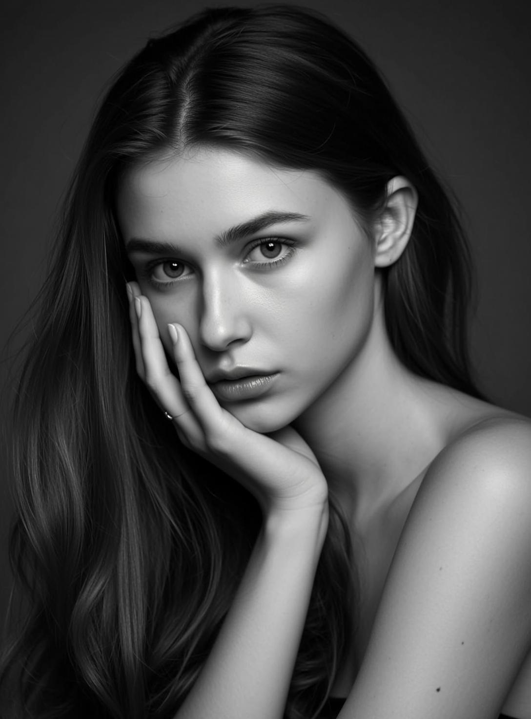 Photorealistic Black And White Medium Close-up Portrait Young Woman With