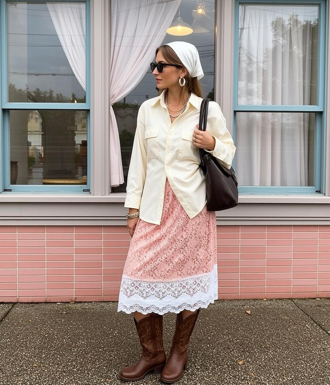 Balletcore Cream-colored Button-up Shirt Pink Lace Midi