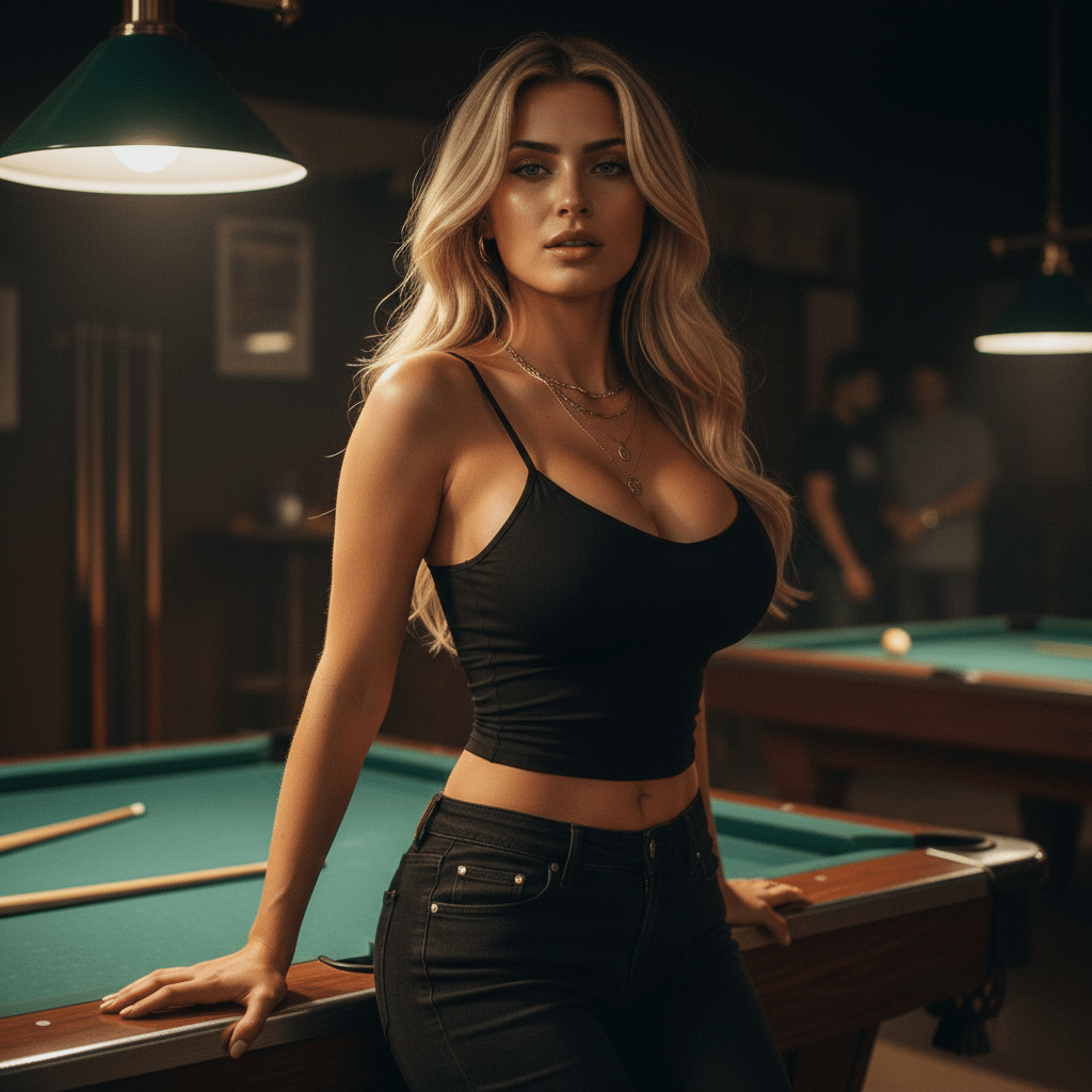 Leaning On Pool Table Dimly Lit Billiards Hall