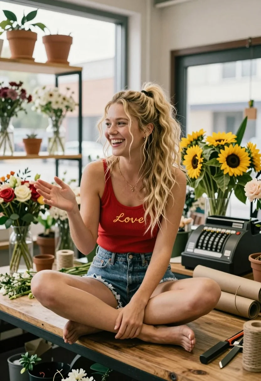 Candid shot of a smiling woman with messy blonde hair sitting cross-legged on a wooden counter in a flower shop, natural light streaming in.