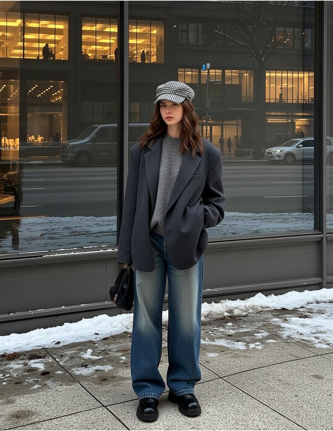 Blue Oversized Wavy Hair City Street Standing