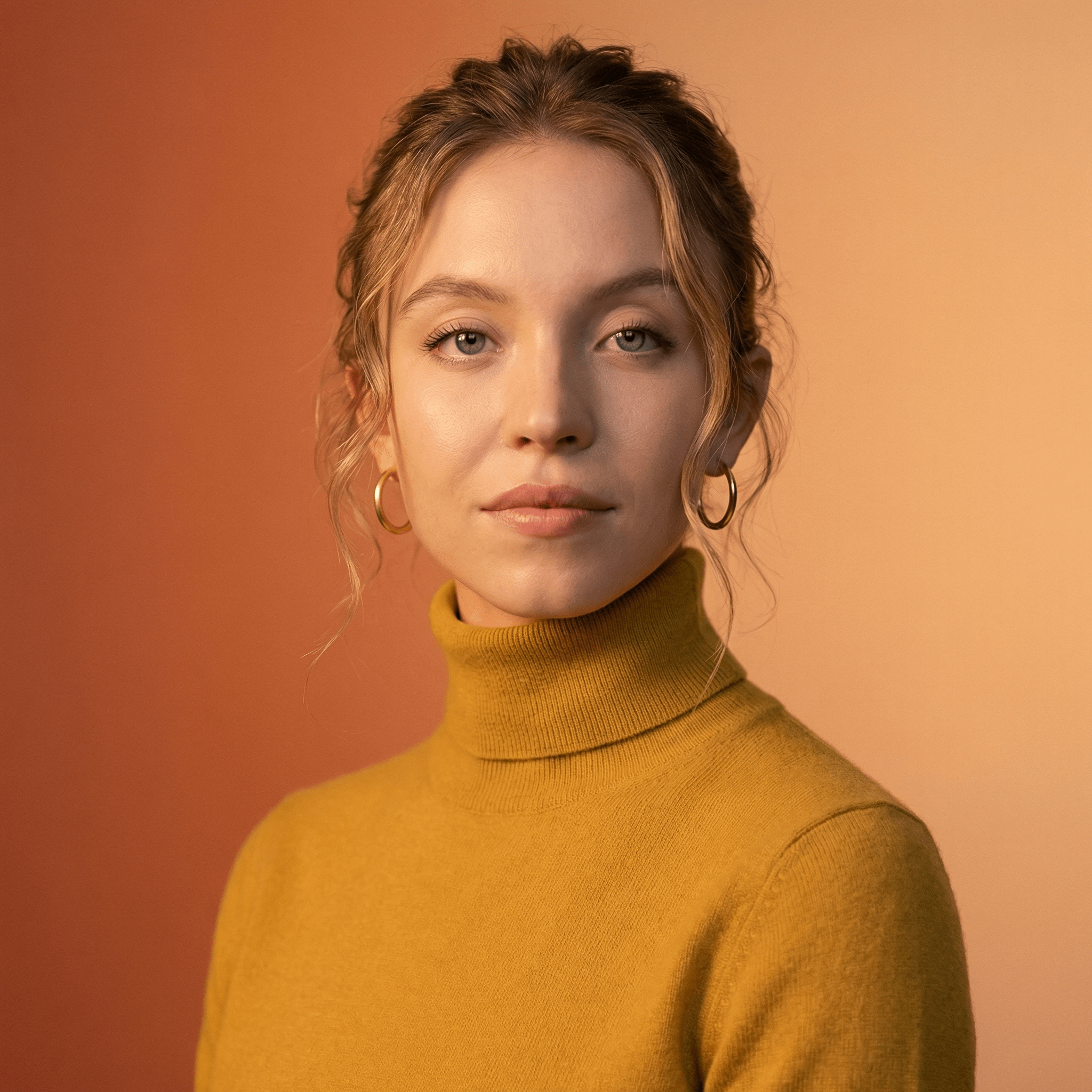 Portrait of a person in a mustard knitted turtleneck with a warm gradient background, showcasing soft lighting and blurred backdrop.