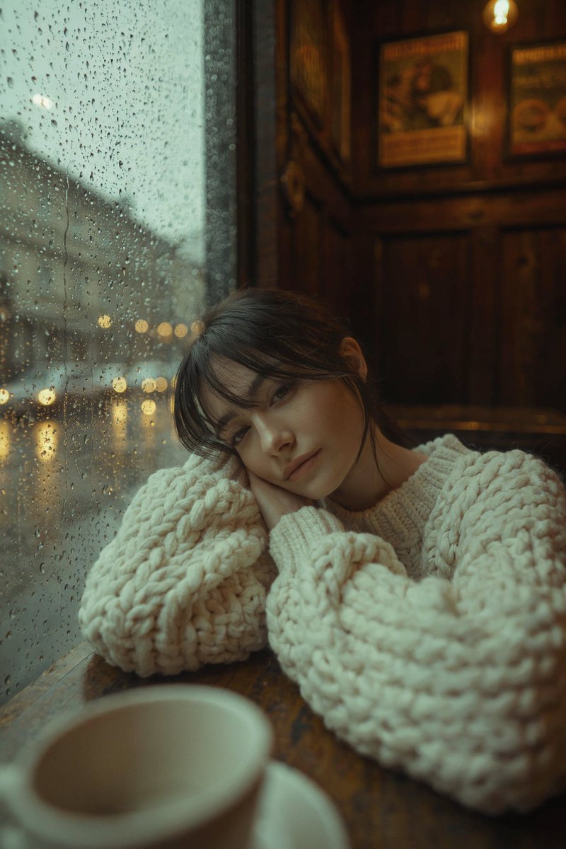 A woman in a thick white cable-knit sweater leans her head on her hand, gazing out a rain-streaked window in a dim cafe.